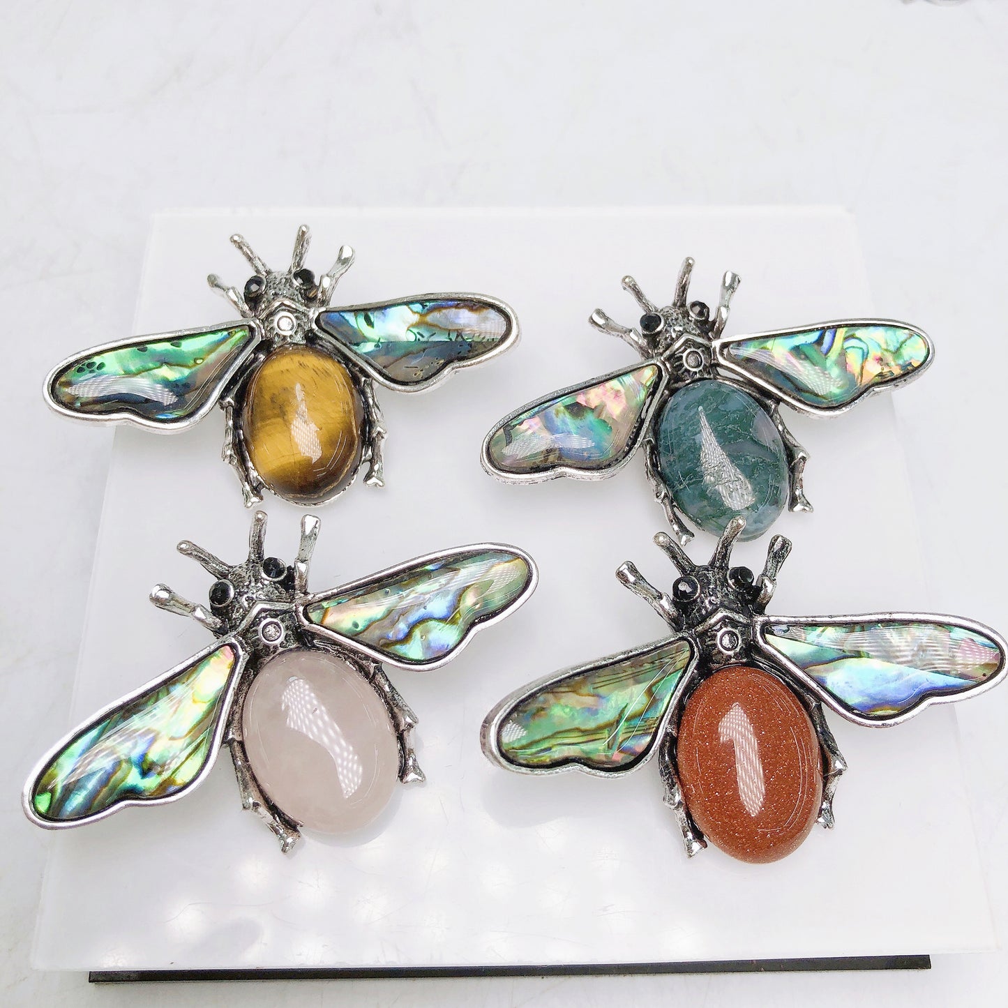 Natural Stone Metal Bees Pendant