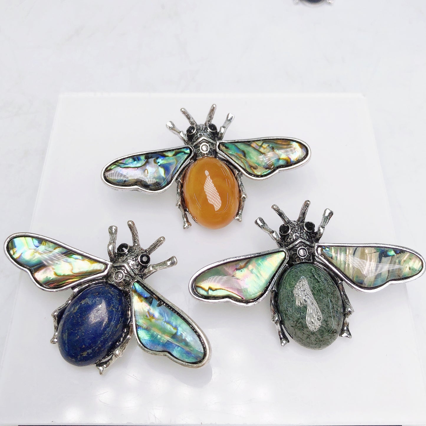 Natural Stone Metal Bees Pendant