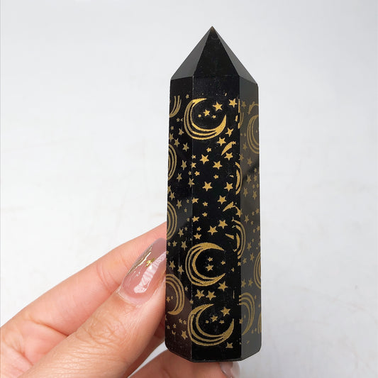 Black obsidian tower/moon and star point/Crystal healing Free shipping over $200